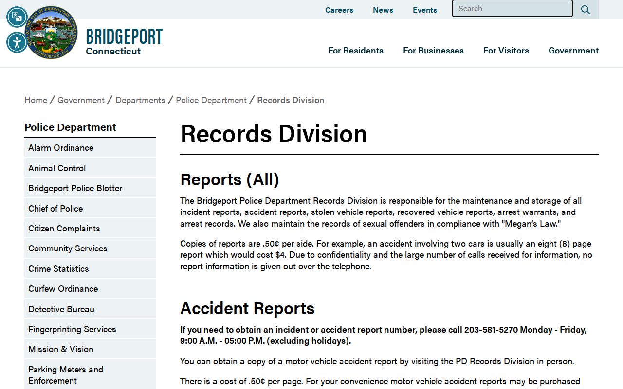 Bridgeport Police Records Division booking record request page