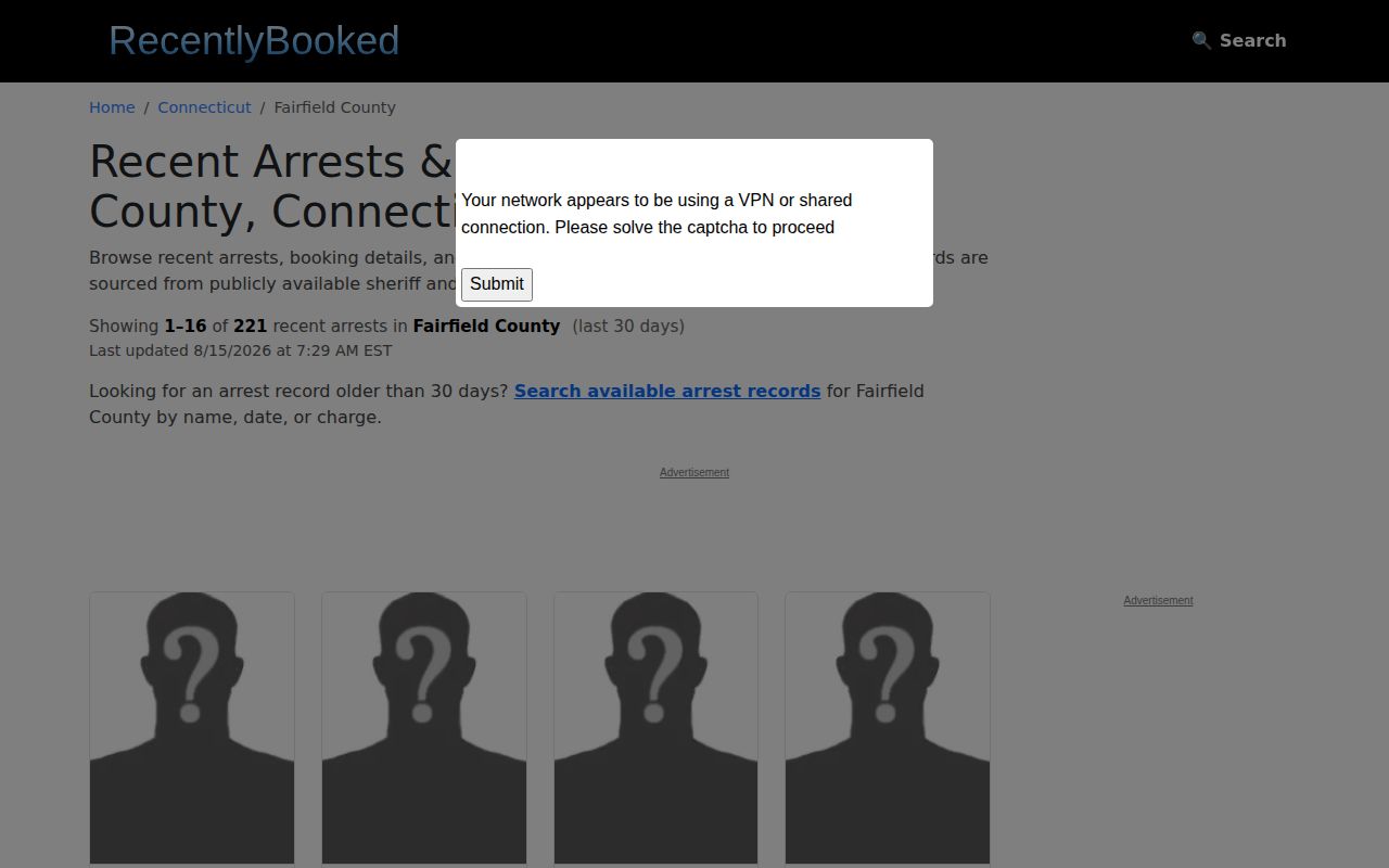 Unofficial Fairfield County mugshot news landing page on RecentlyBooked