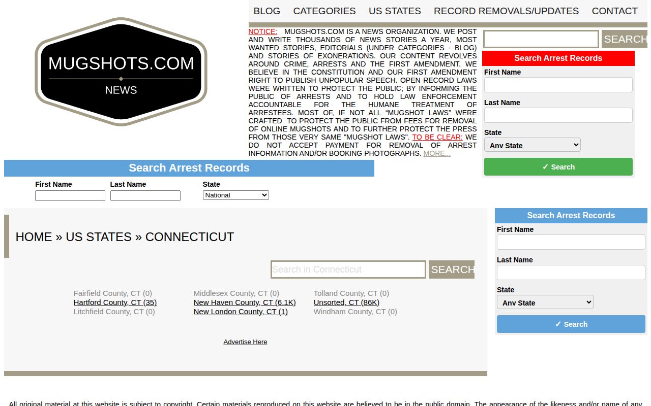 Fairfield County mugshot index showing no local records on Mugshots.com