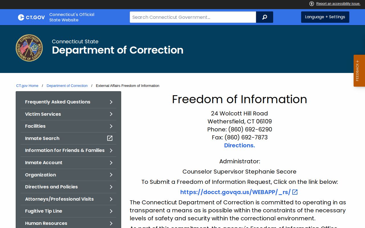 Fairfield County booking photo records request through CT DOC Freedom of Information