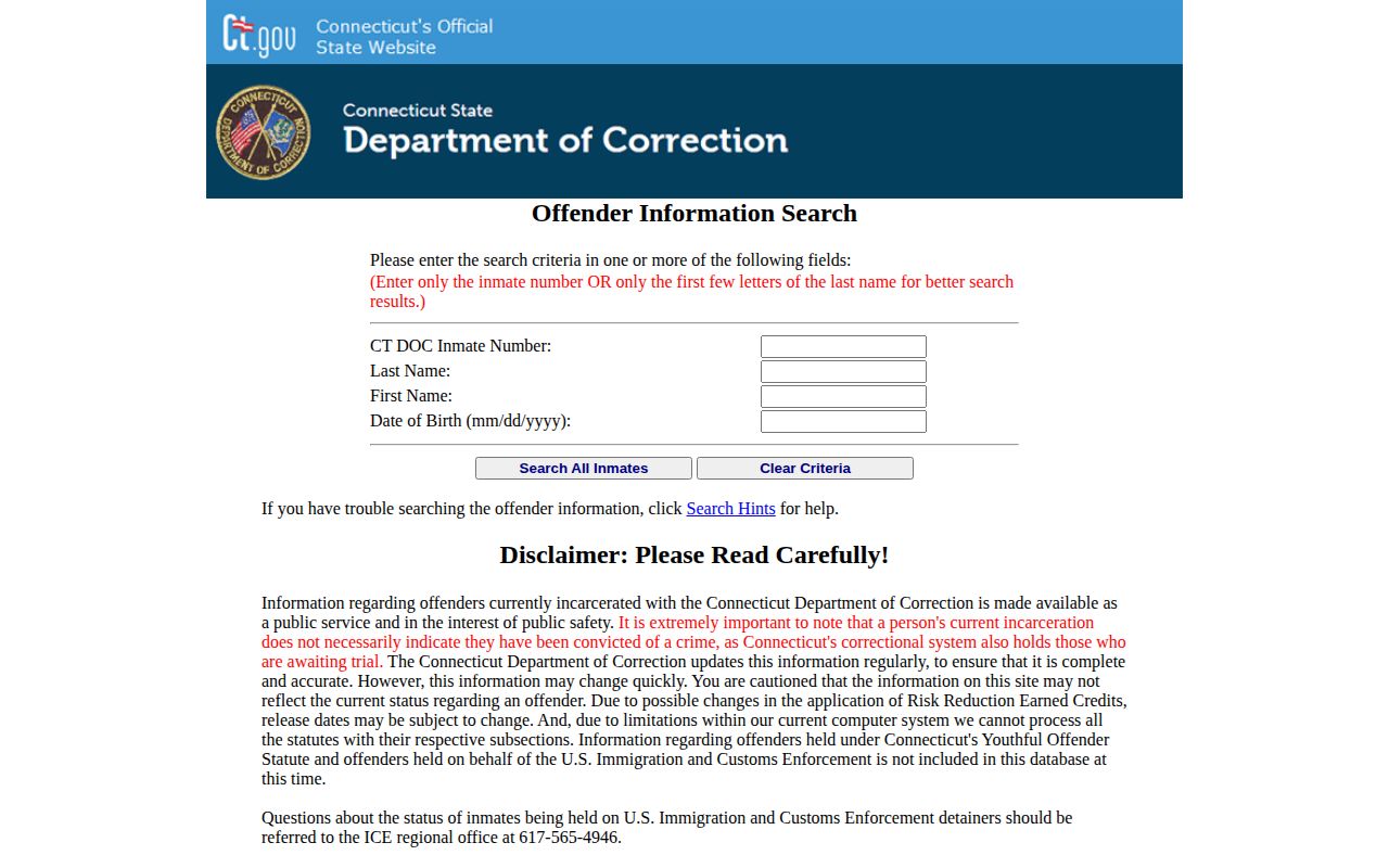 Fairfield County booking and custody lookup on the CT DOC live search form