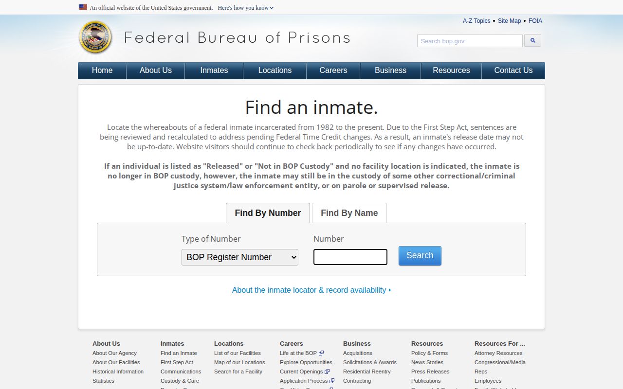 Fairfield County federal custody record search through the BOP inmate locator