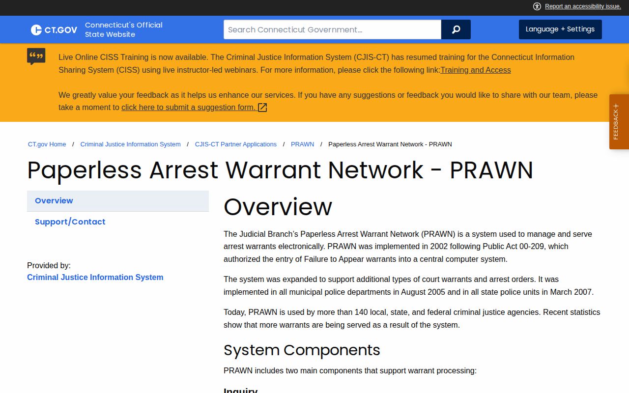 Fairfield County warrant system policy page for Connecticut PRAWN