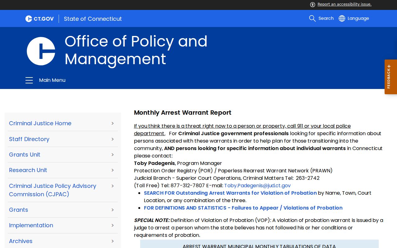 Fairfield County warrant data source on Connecticut OPM