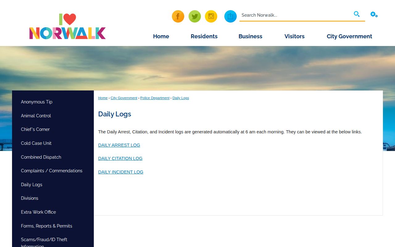 Norwalk Police daily arrest log access page for booking records